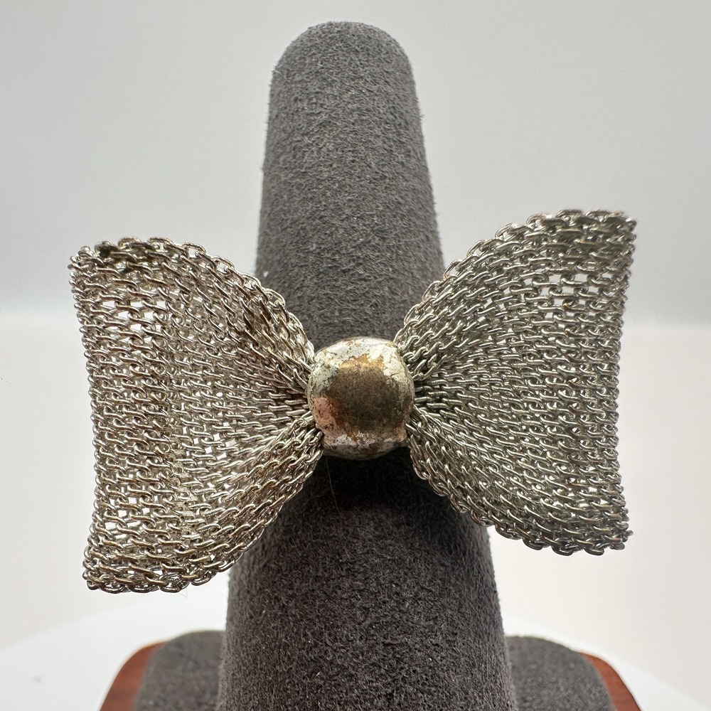 Vintage 90s Silver Tone Mesh Bow Ring Statement Women's Classic Fashion Jewelry